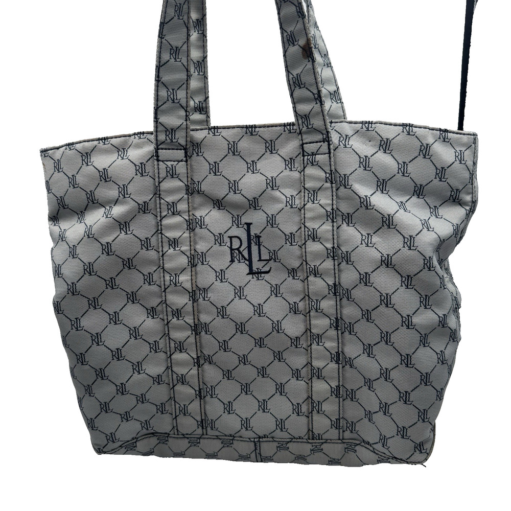 Vintage Ralph Lauren RL Monogram Jacquard Tote Bag Gray Blue Fabric Handbag